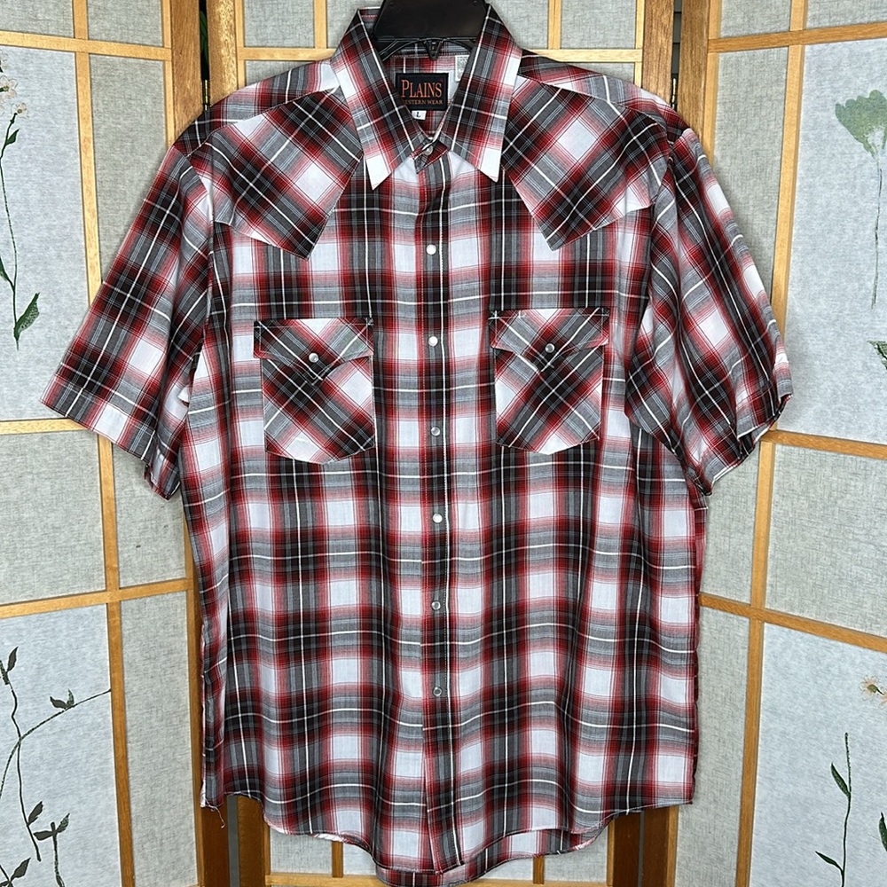 Plains Western Wear Pearl Snap Shirt Mens Button Up Red and White Plaid Size L